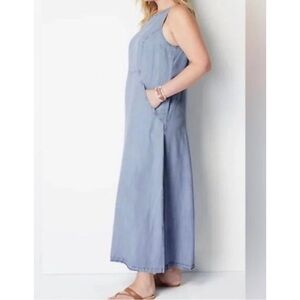 J. Jill Maxi Chambray Denim Light Wash Dress w/Side Slits and Pockets